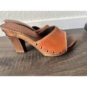 Bongo Wood Chunky Platform Mules Brown Leather Studs Open Toe Size 5